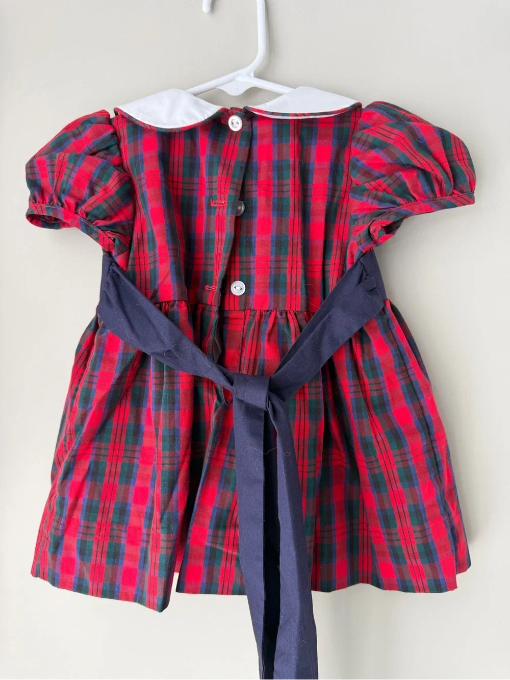 Girls Red and Navy Plaid Peter Pan Collar Dress with Navy Waistband